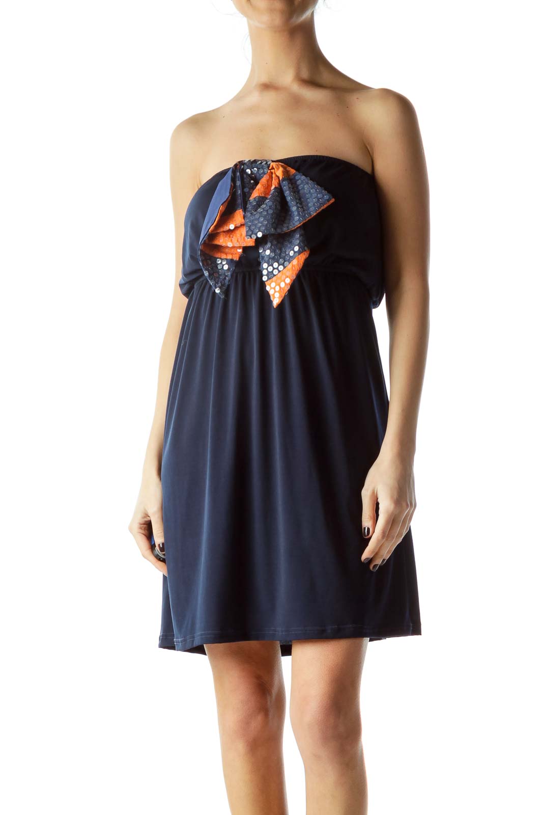 Blue Orange Sequined Front Bow Dress Front