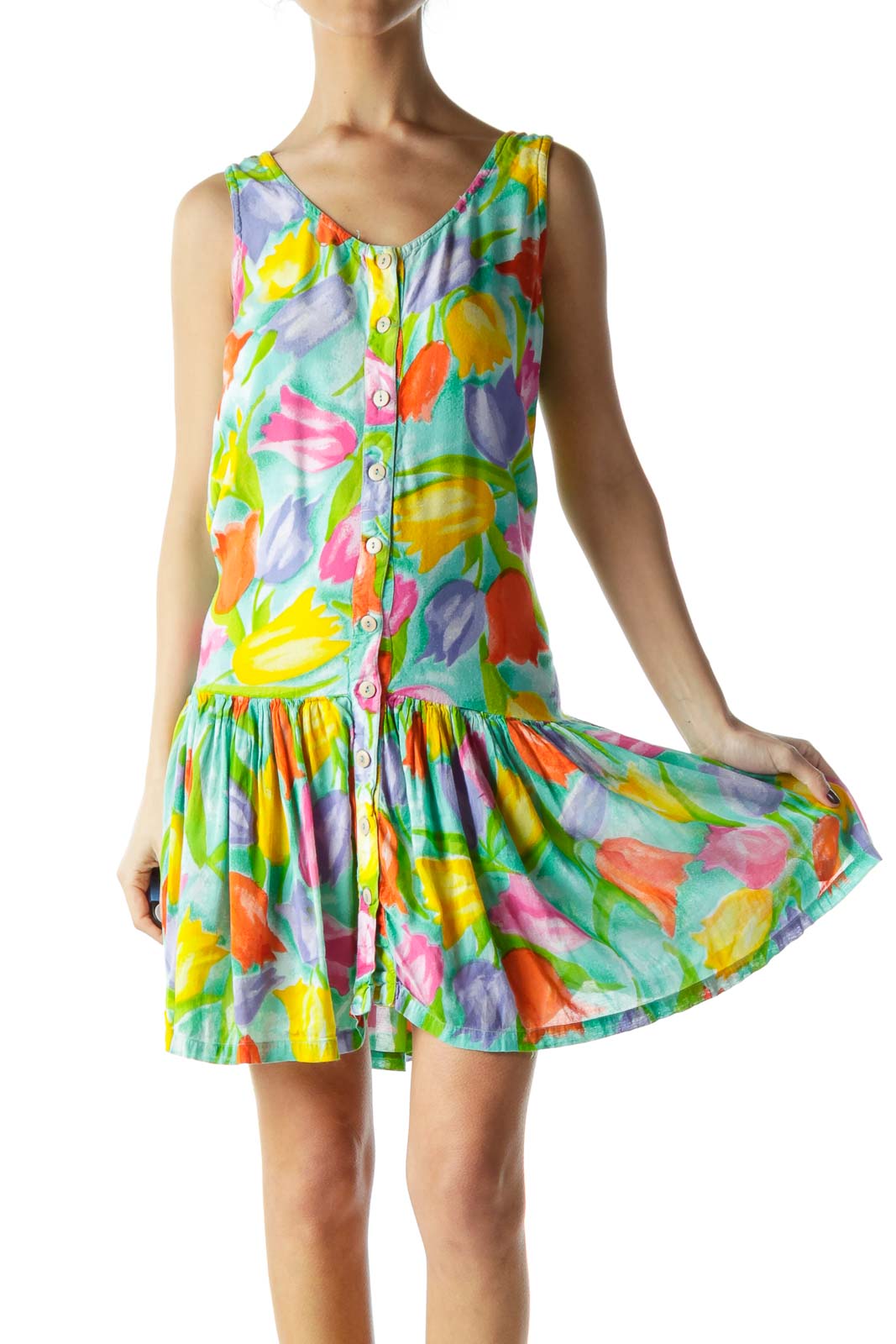 Multicolored Flower Print Day Dress Front