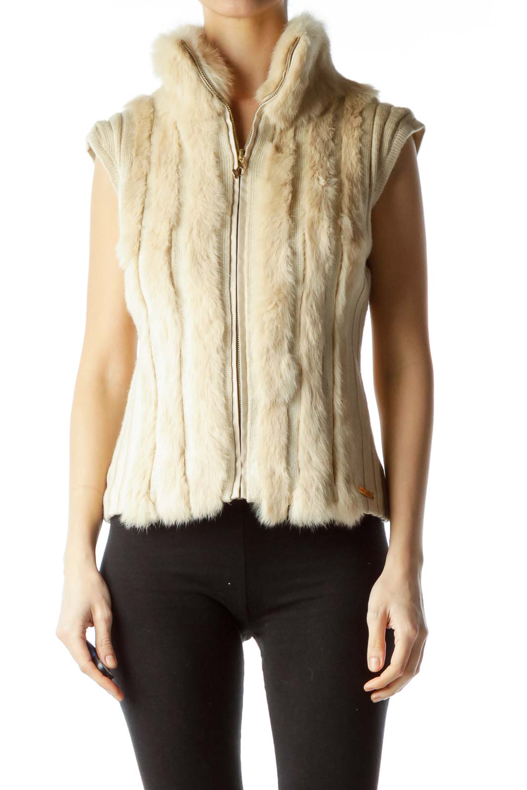 Beige Rabbit Fur Knit Vest Front