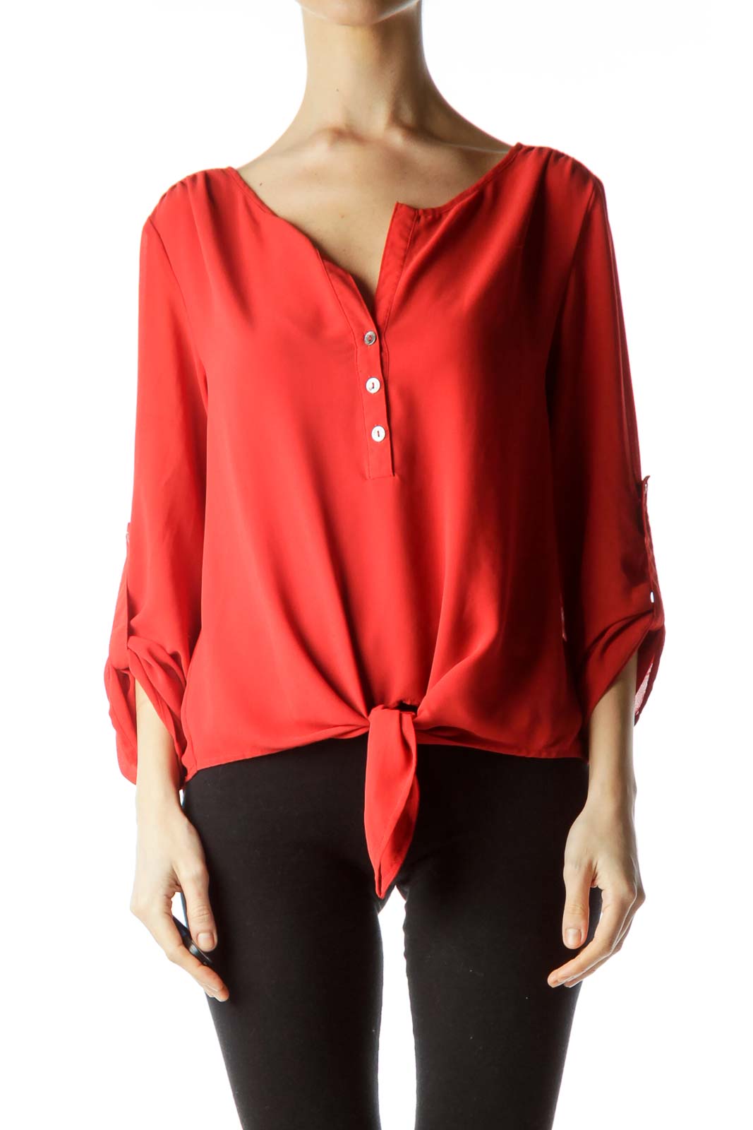Red 3/4 Sleeve Tie Front Blouse  Front