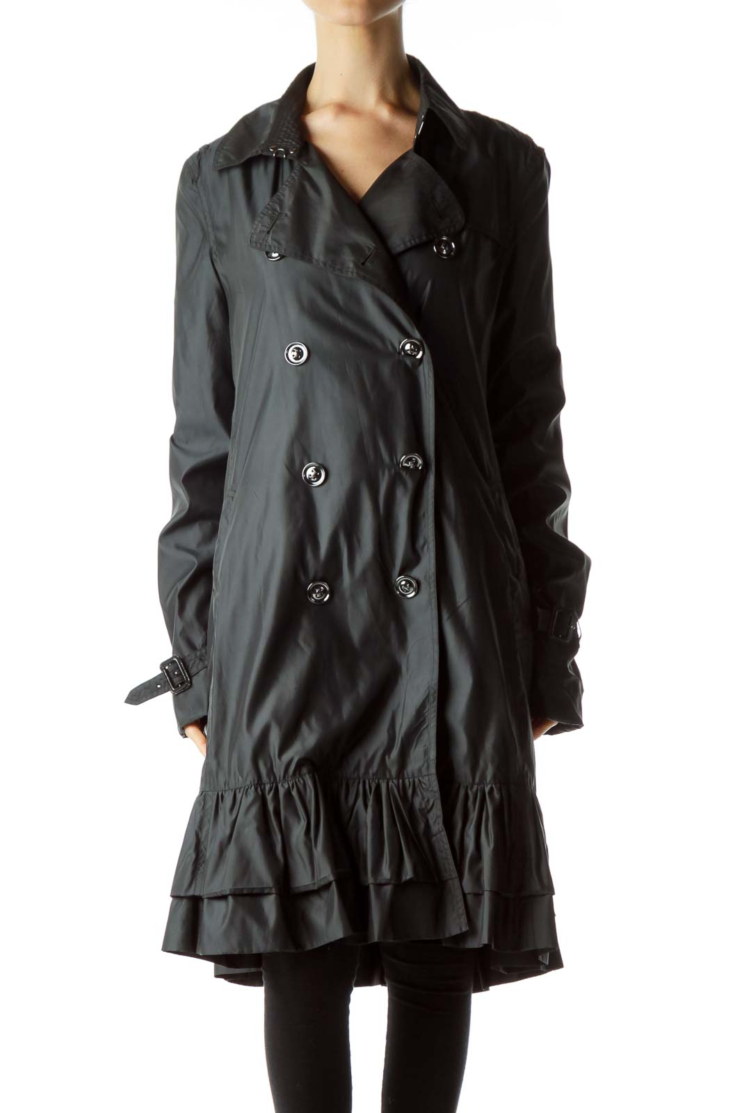 SilkRoll - Black Long Single Breasted Trench Coat Polyester Spandex ...