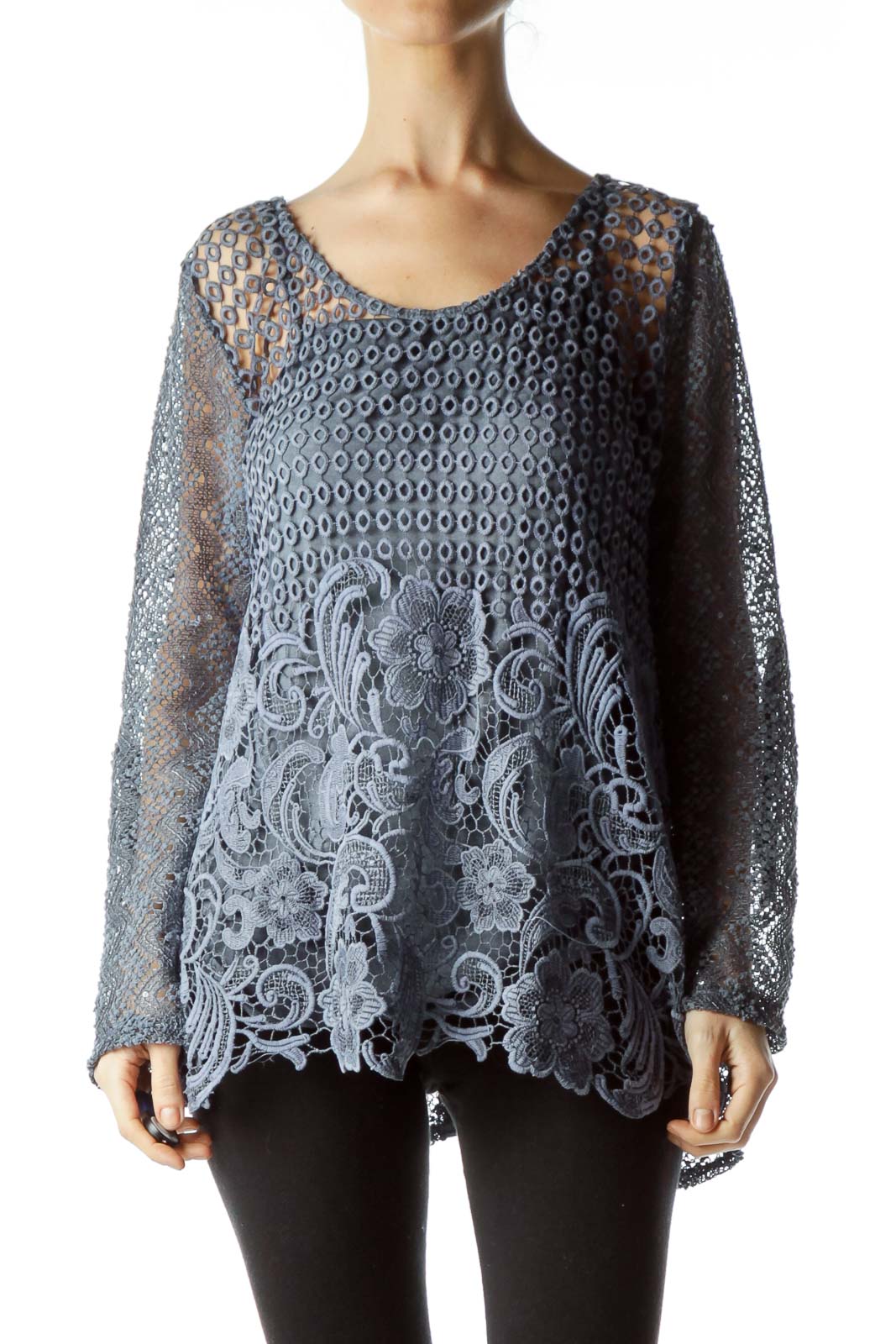 Blue Crocheted Long Sleeve Top Front