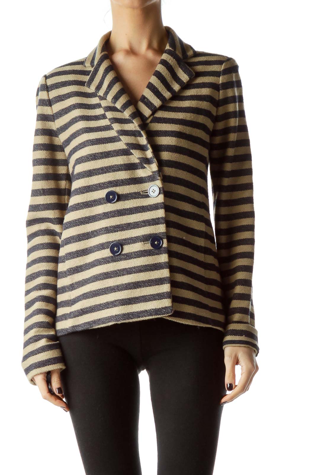 Beige Navy Blue Striped Knitted Texture Jacket Front