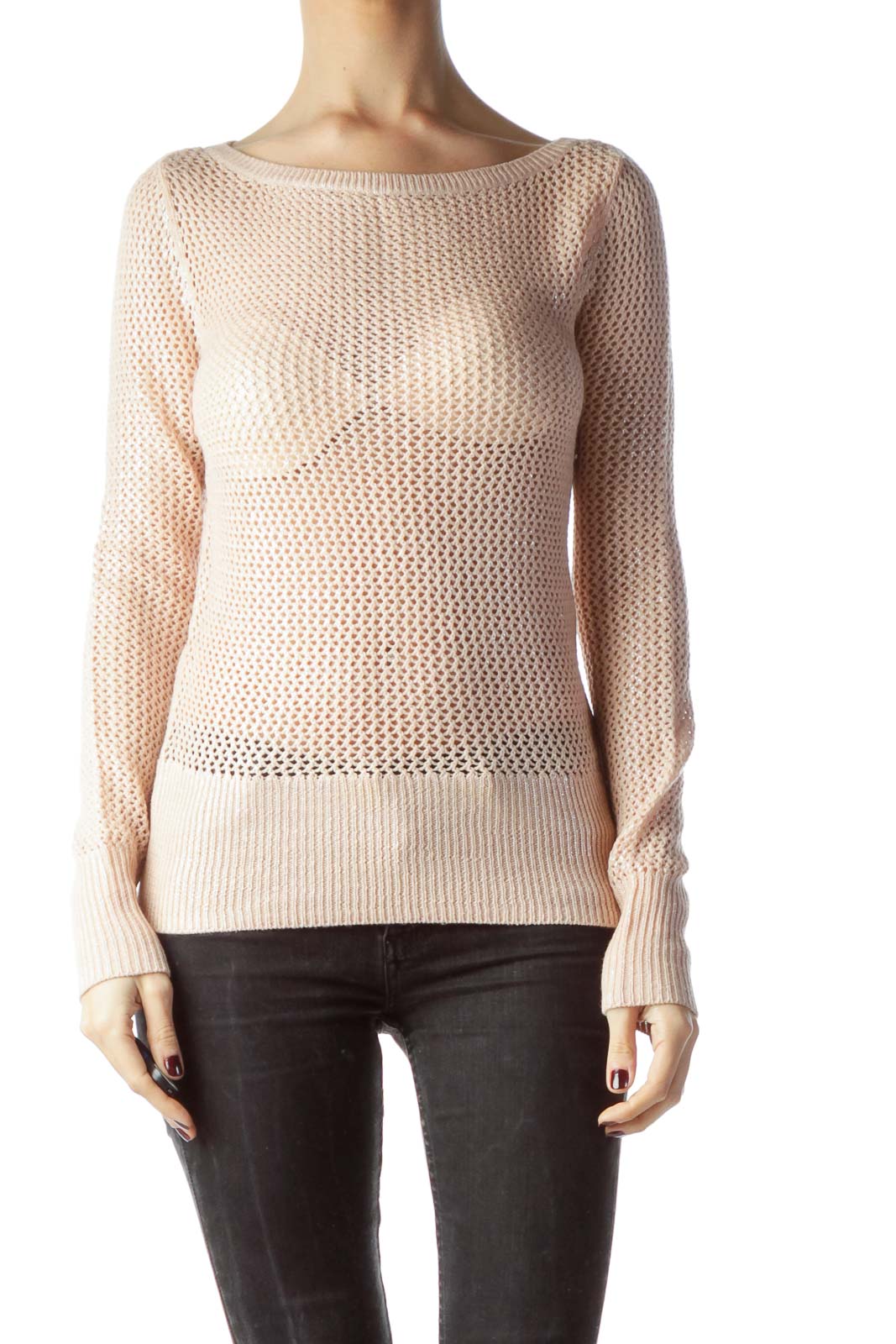 Salmon Pink Metallic Knitted Top Front