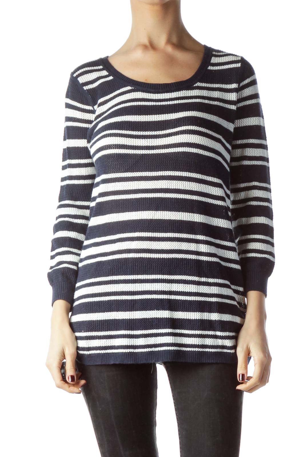 Navy Blue White Striped Stretch Sweater Front