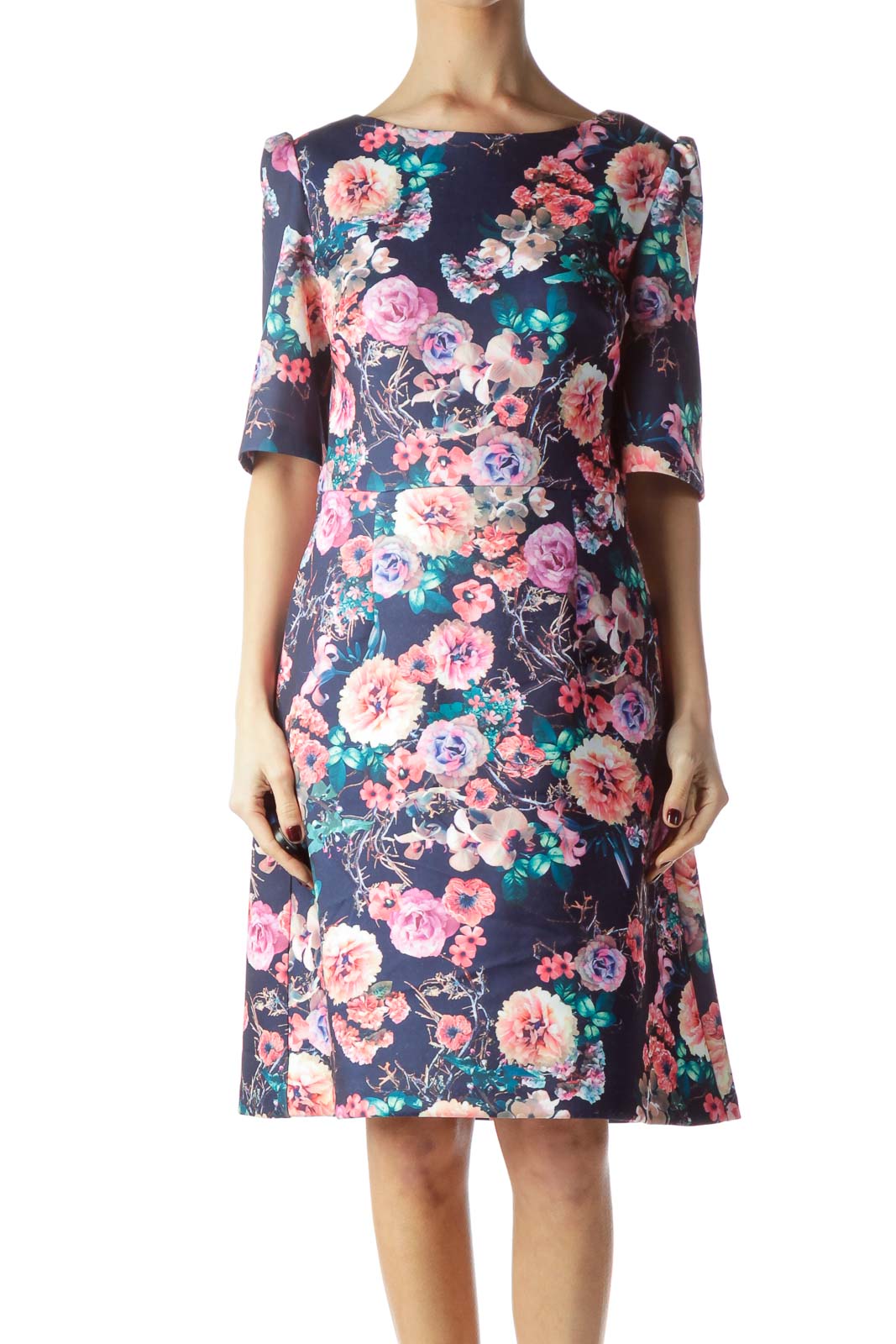 Navy Blue Multicolored Flower Print Dress Front