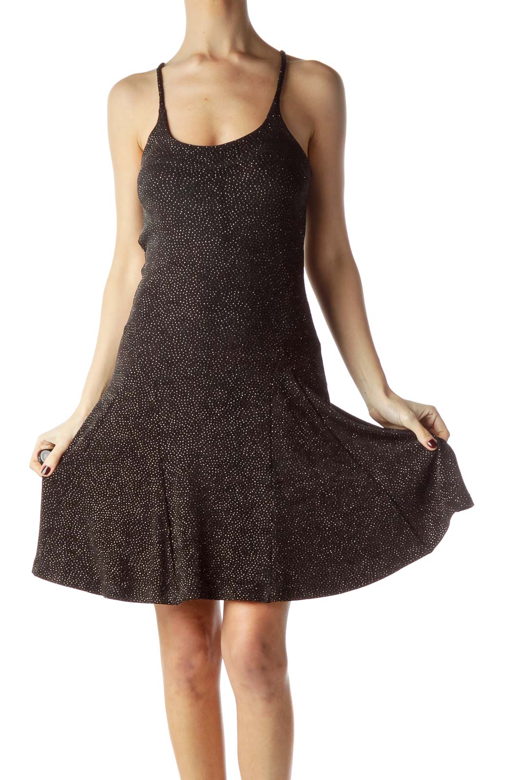 Black Tiny Gold Dots on Body Flared Dress Front