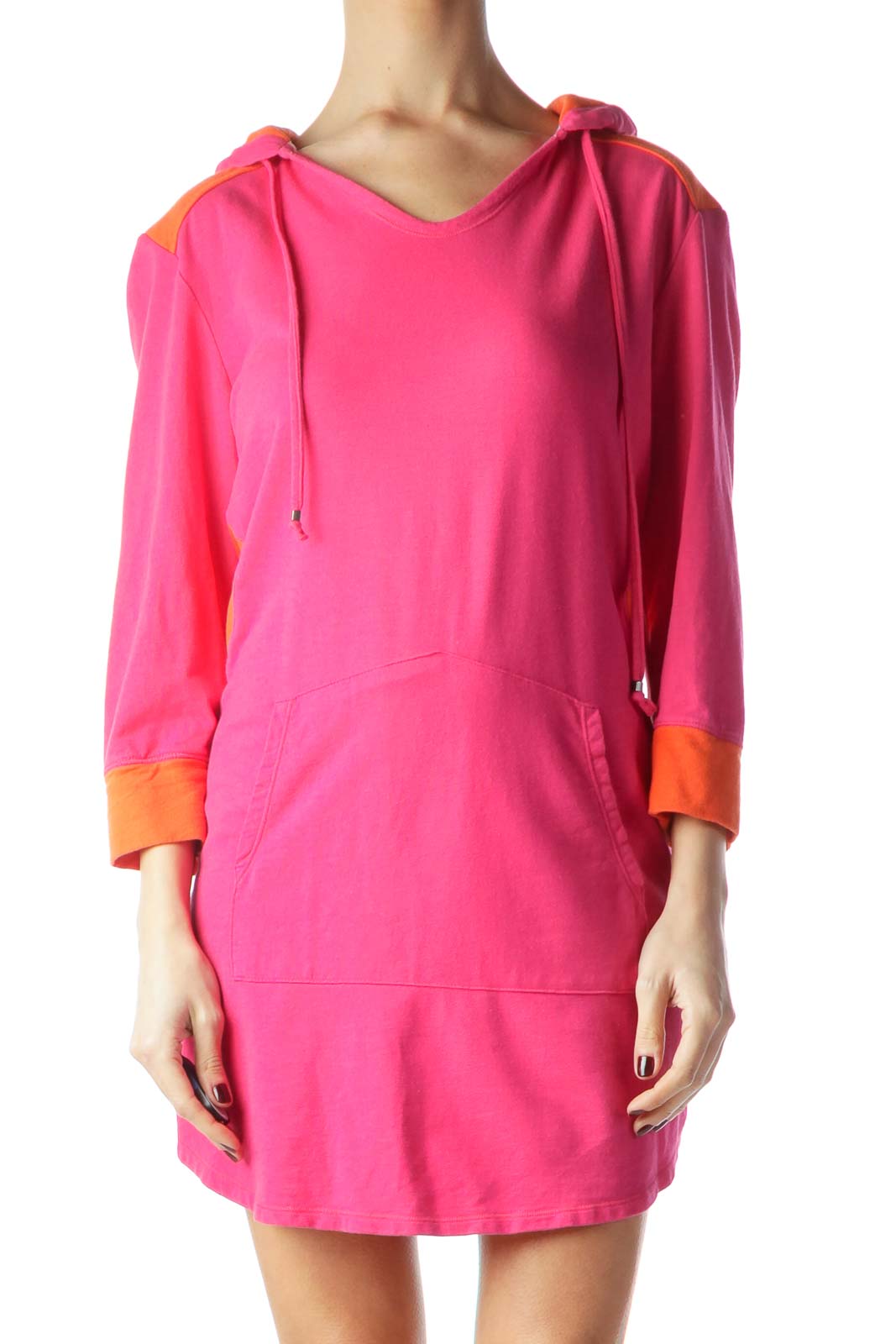 Hot Pink Orange Color Block Pullover Hooded Dress Front
