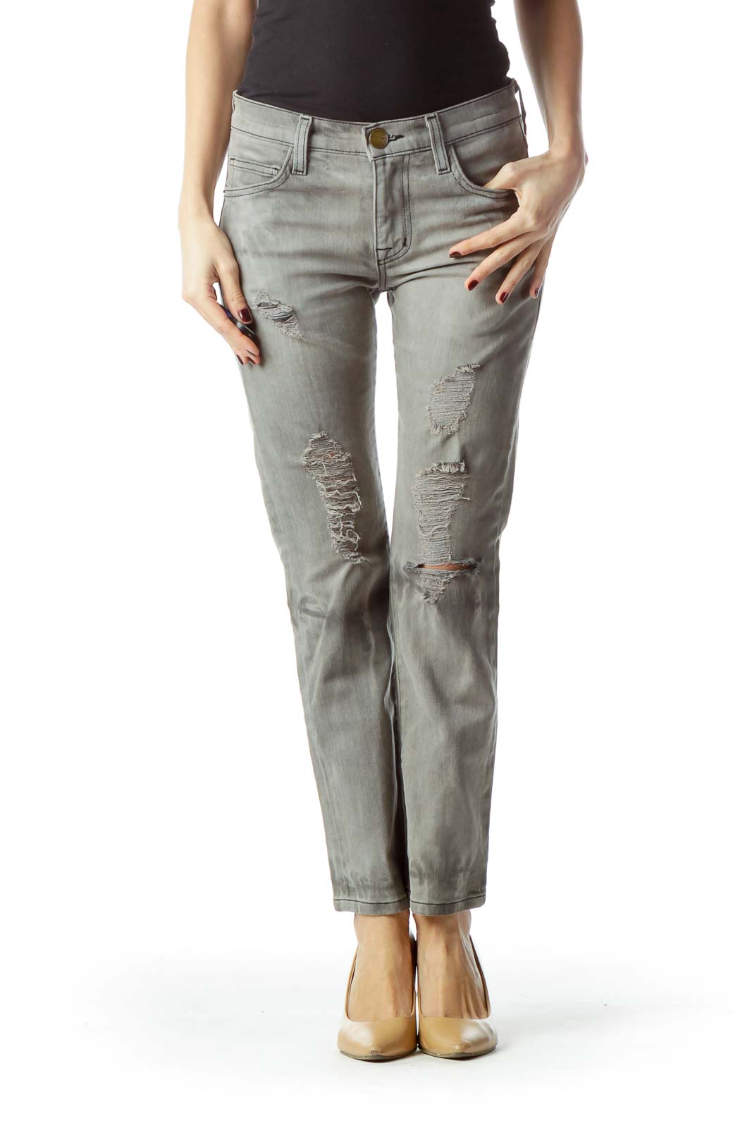 Gray Light-Wash Distressed Skinny Denim Jeans Front