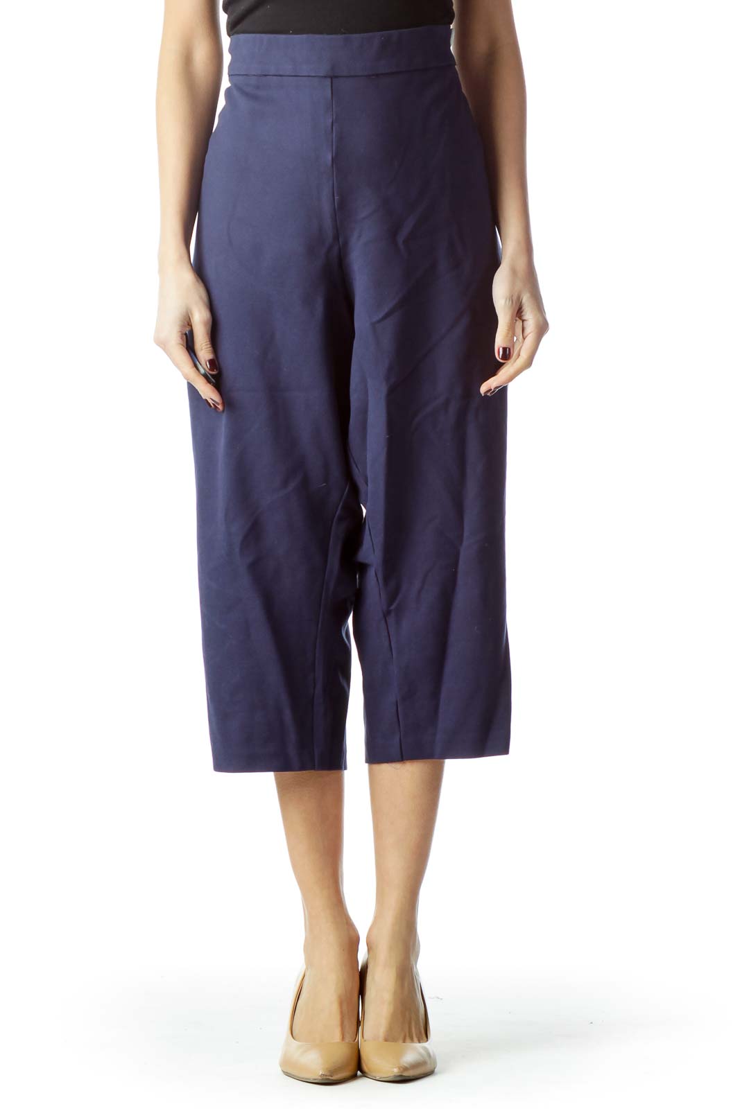 Navy Blue Cropped Pants with White Buttons Front
