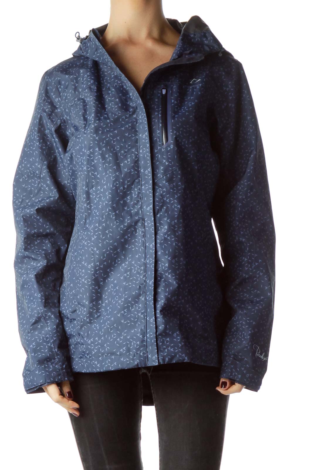 Blue Geometric Print Hooded Rain Jacket Front