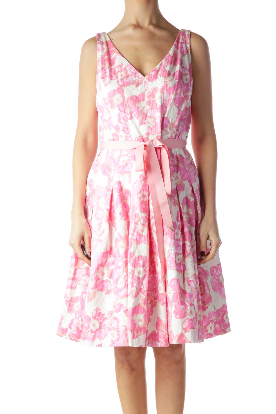Pink Floral Print Belted Lower Pouf Dress Front