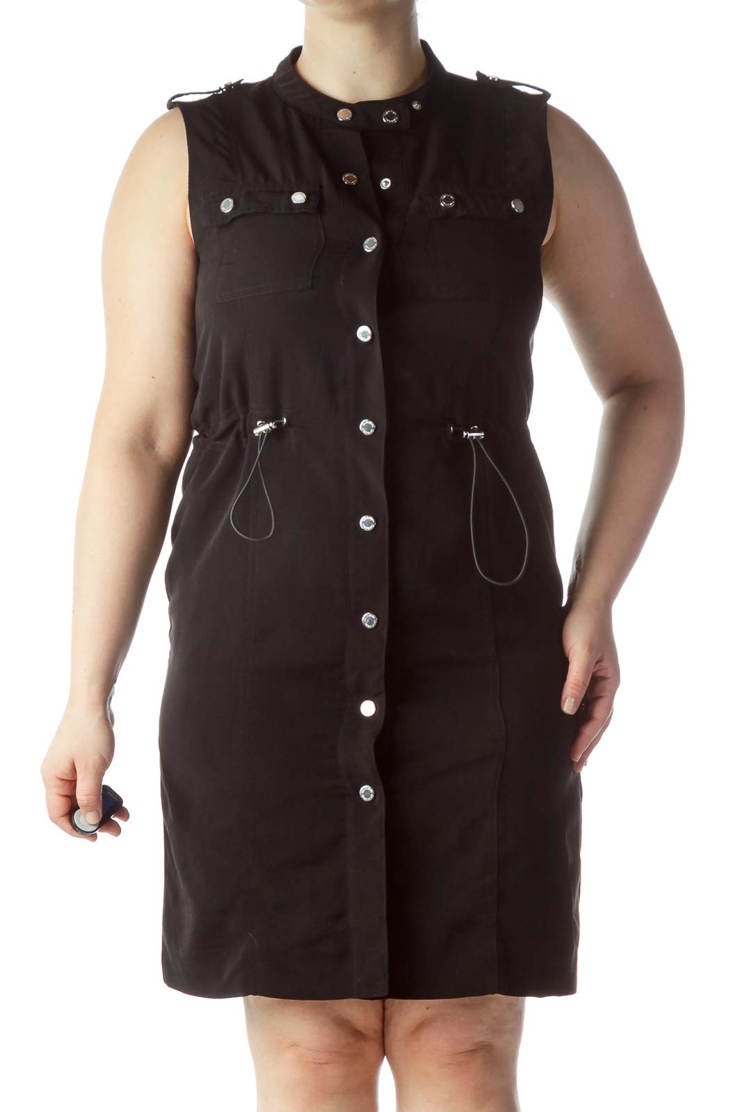Black Snap Buttoned Sleeveless Dress Front