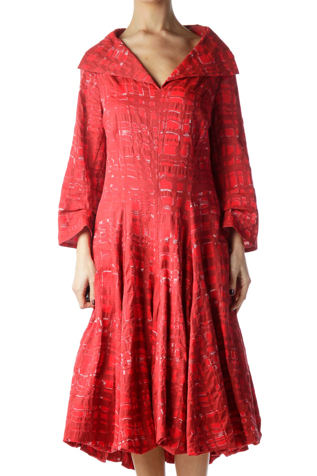 Red Printed Collared Long Sleeve Dress Front