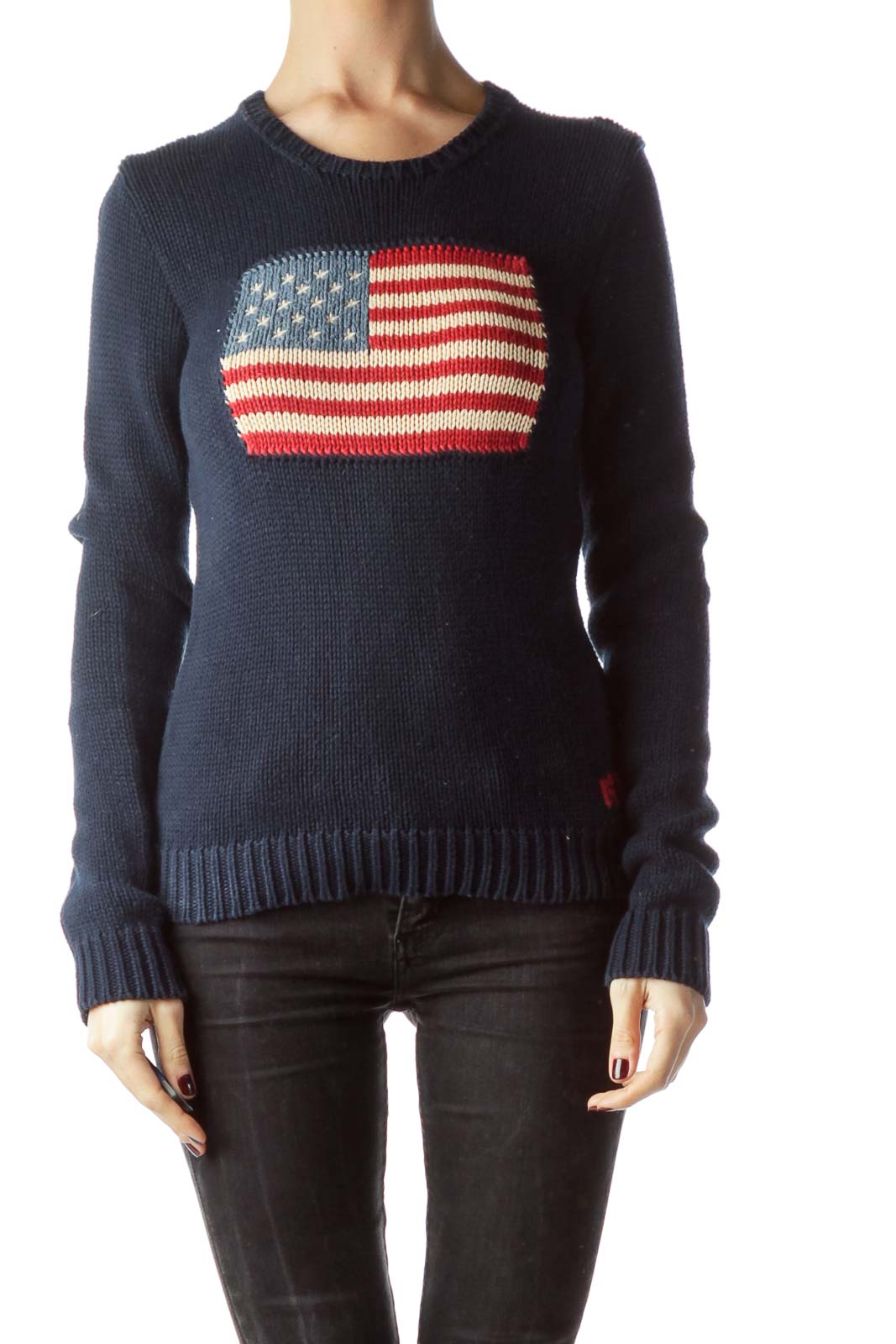 Navy Blue 100% Cotton Knitted Flag Sweater Front