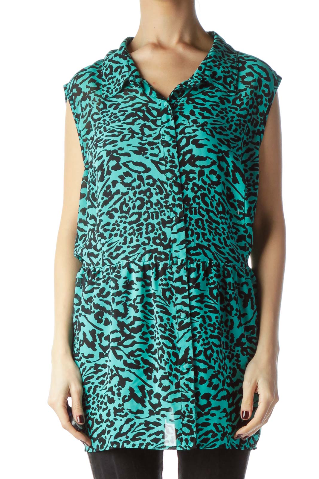 Mint Green Black Animal Print Flared Blouse Front