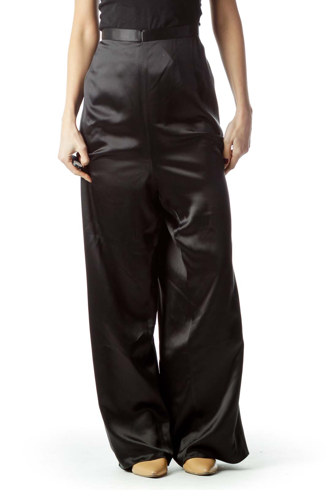 Black Shiny Zippered 100% Silk Pants Front