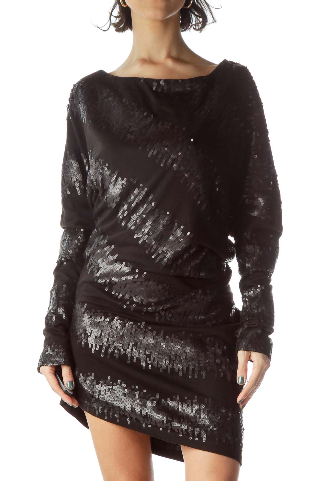 Black Bat Sleeve Sequin Dress Front