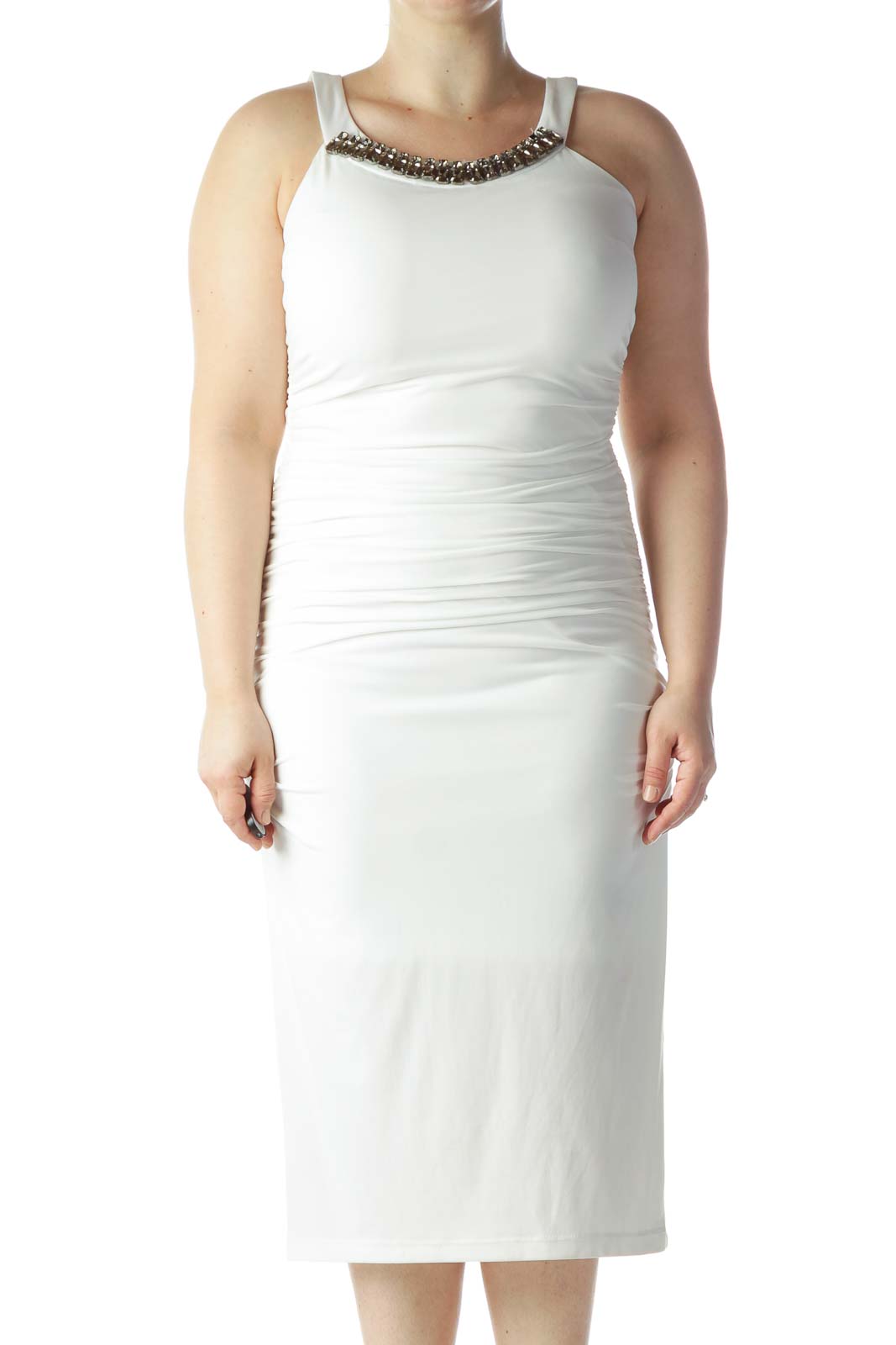 Off-White Embellished Neckline Scrunched Long Dress Front