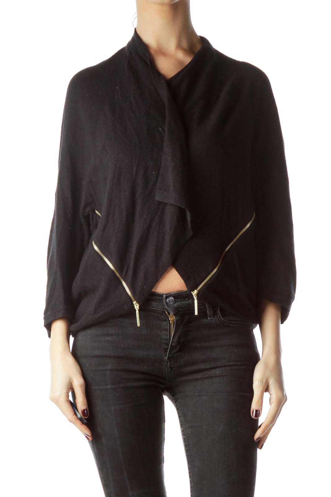 Black Knit Zipper Accents Waterfall Cardigan Front