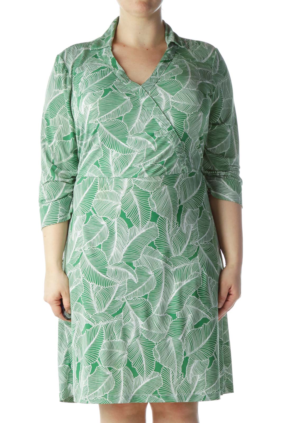 Green White Leaves Print Belted Day Dress Front