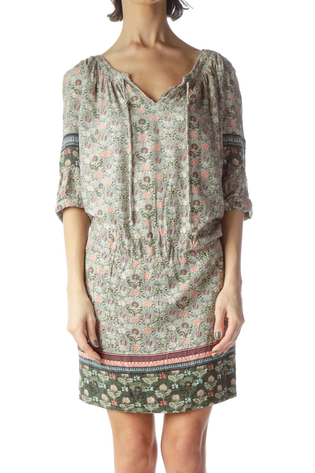 Multicolored Floral Print 3/4 Sleeve Day Dress Front