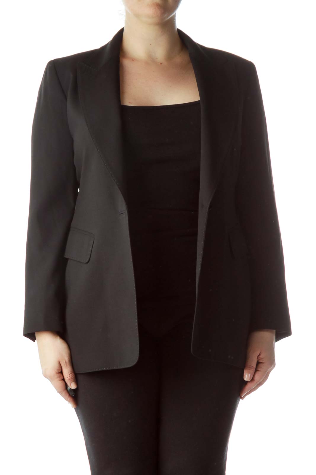 Black Buttoned 100% Wool Blazer Front