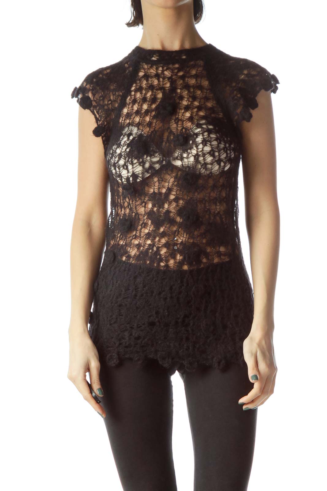 Black See-Through Knit Top Front
