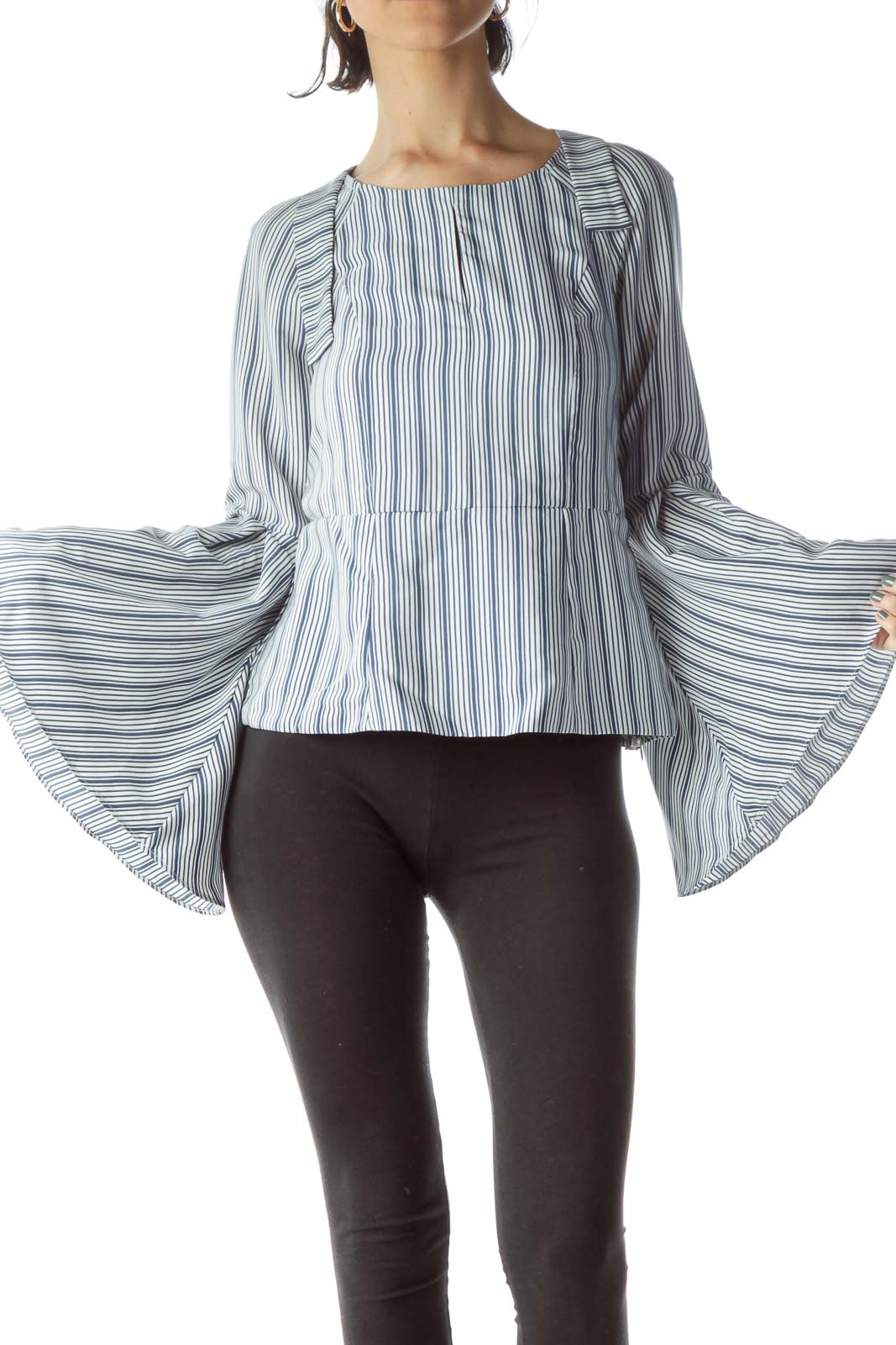 Blue White Striped Flared Long Sleeve Blouse Front