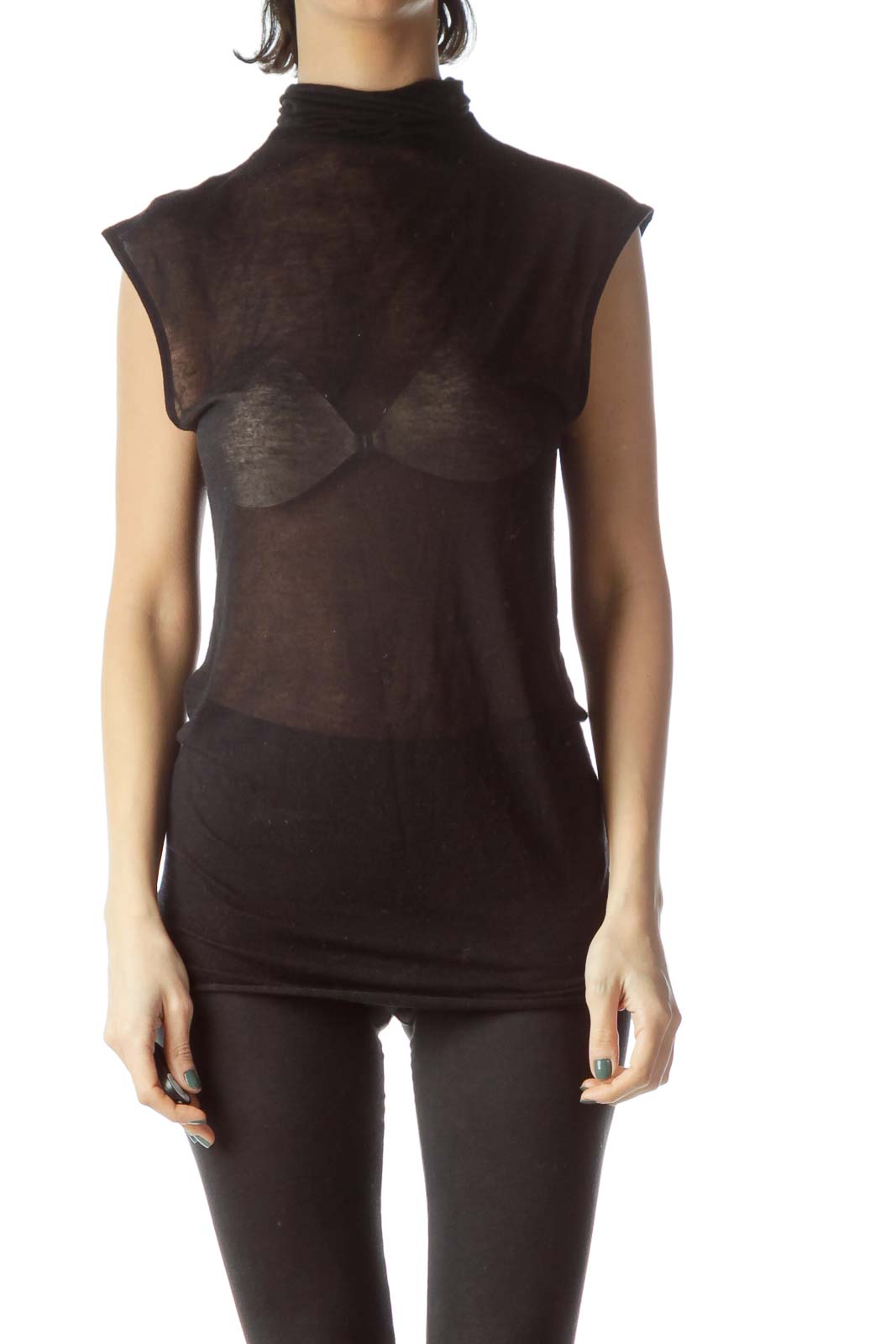 Black See-Through Turtle Neck Knit Vest Front