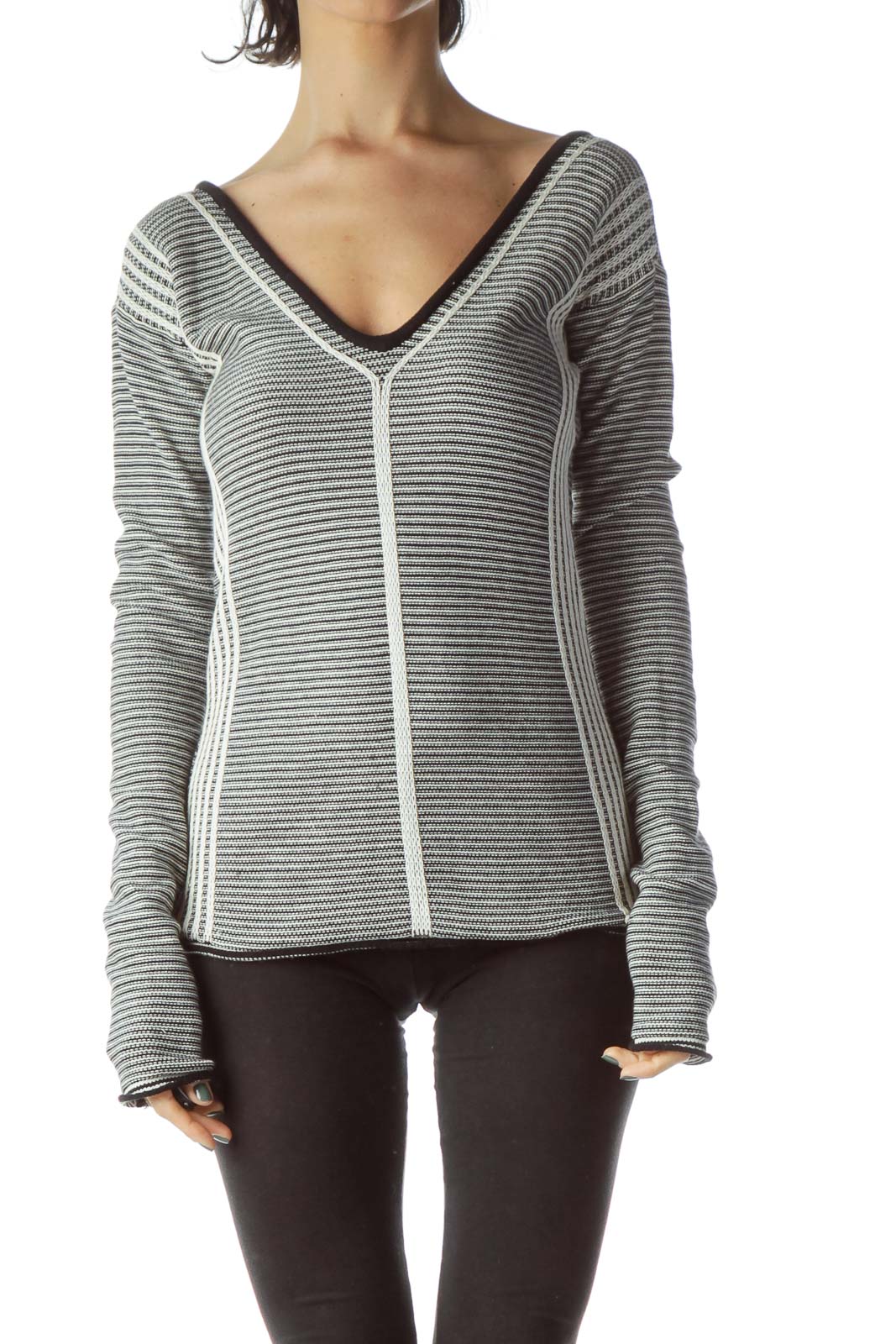 Black Cream Striped Textured Open Neck Knit Top Front