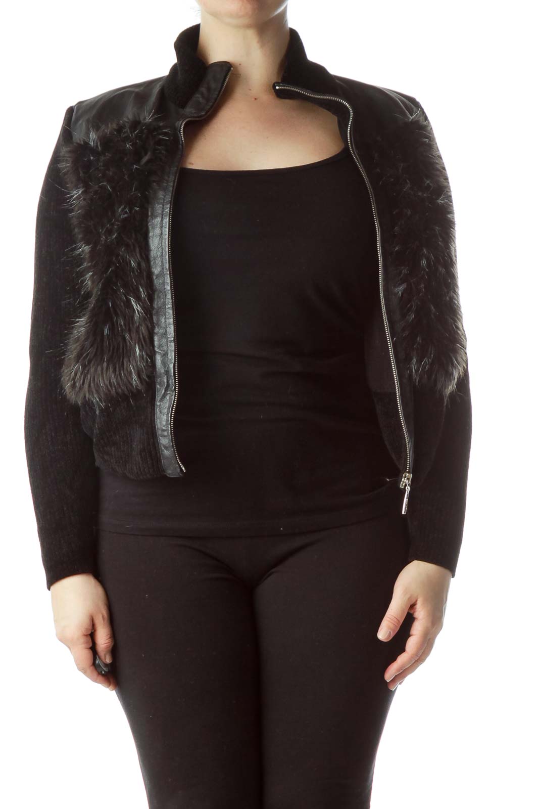 Black Zippered Leather and Faux-Fur Jacket Front