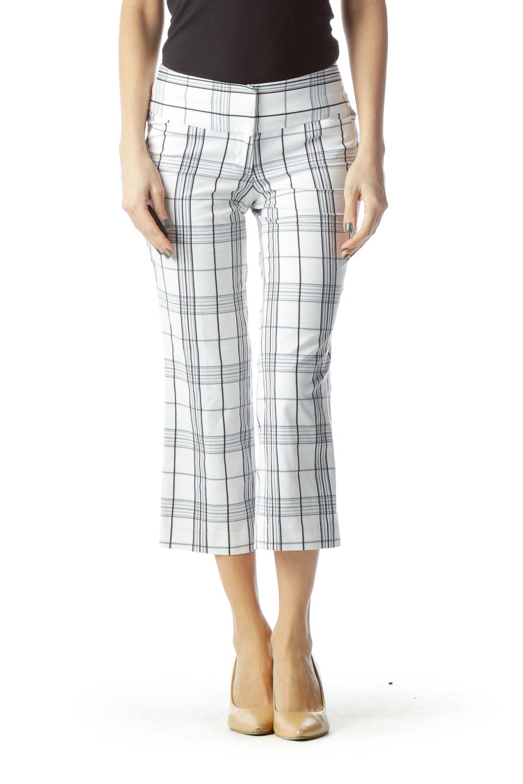 White Checkered Cropped Pant Front