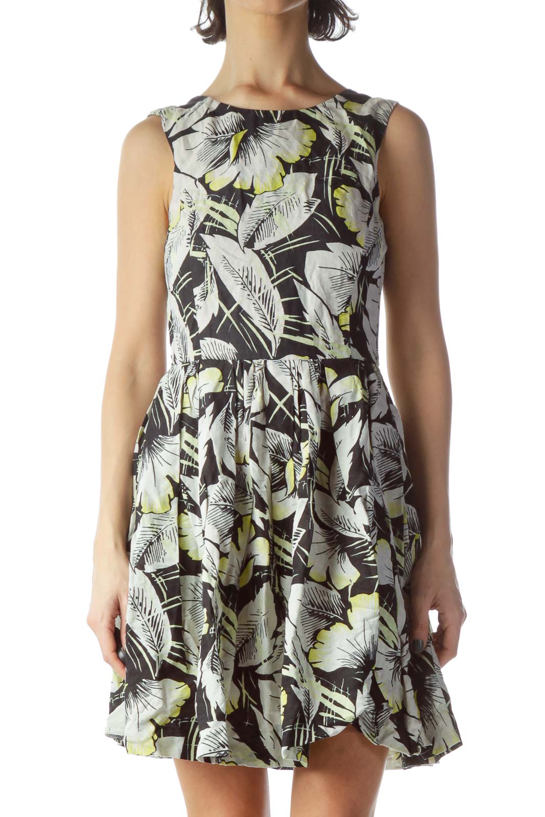 Black Gray Yellow Floral Print Flared Day Dress Front
