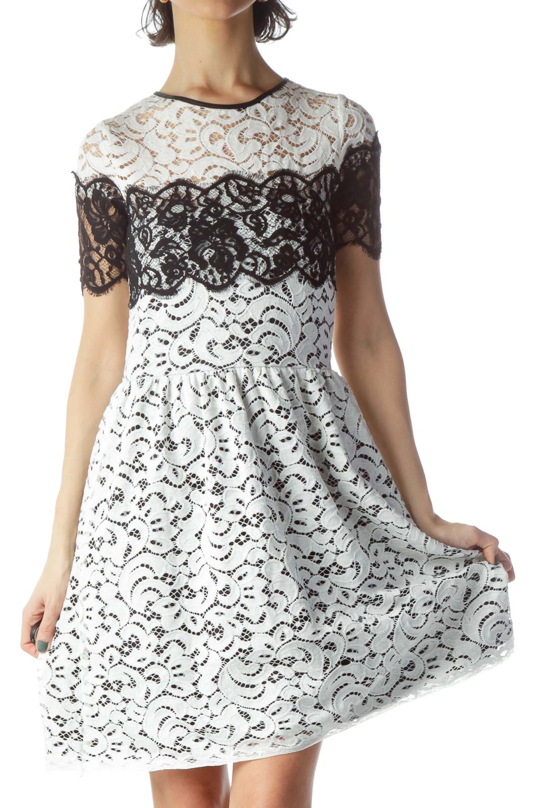 White Black Short Sleeve Lace Day Dress Front