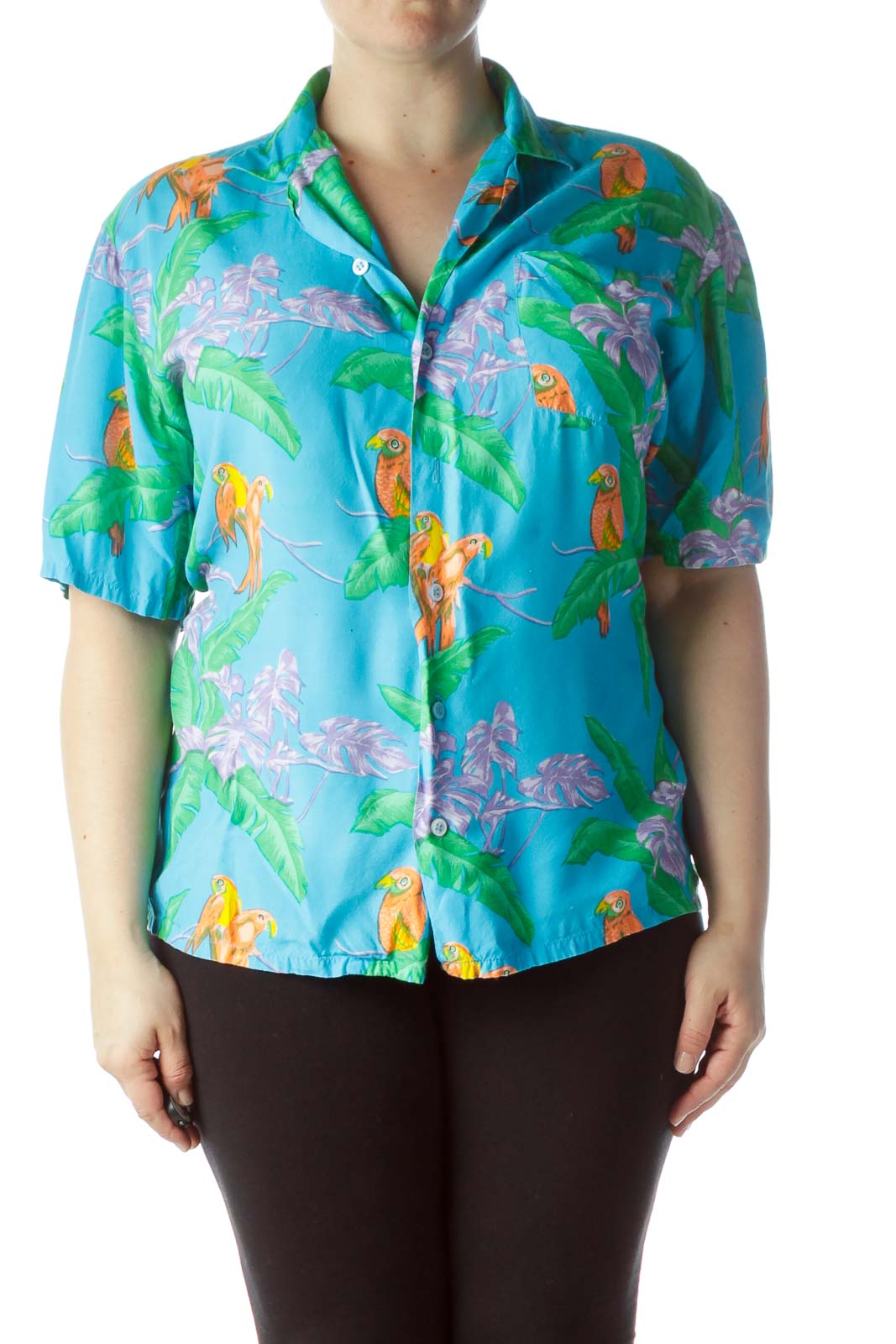 Multicolored Tropical Print Short Sleeve Shirt Front