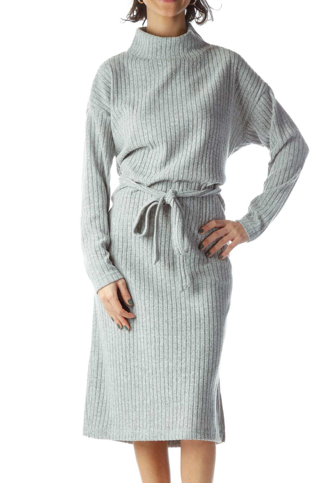 Gray Mock Neck Midi Sweater Dress Front
