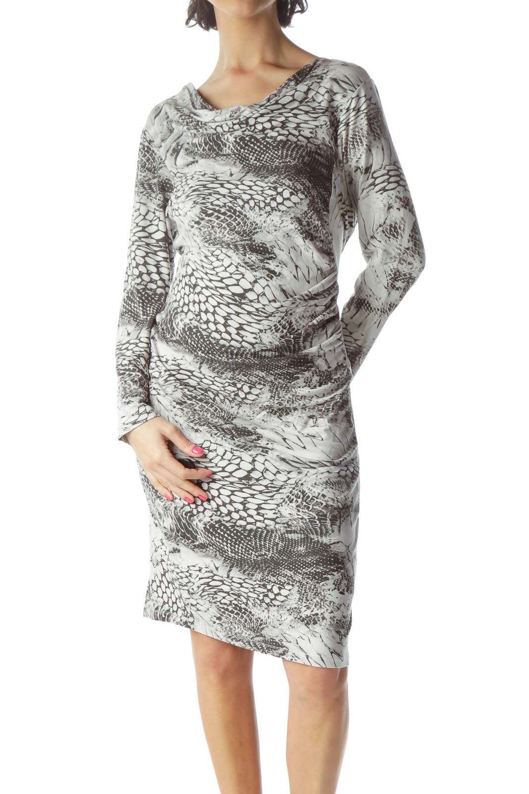 Grey Snake Pattern Fitted Work Dress Front