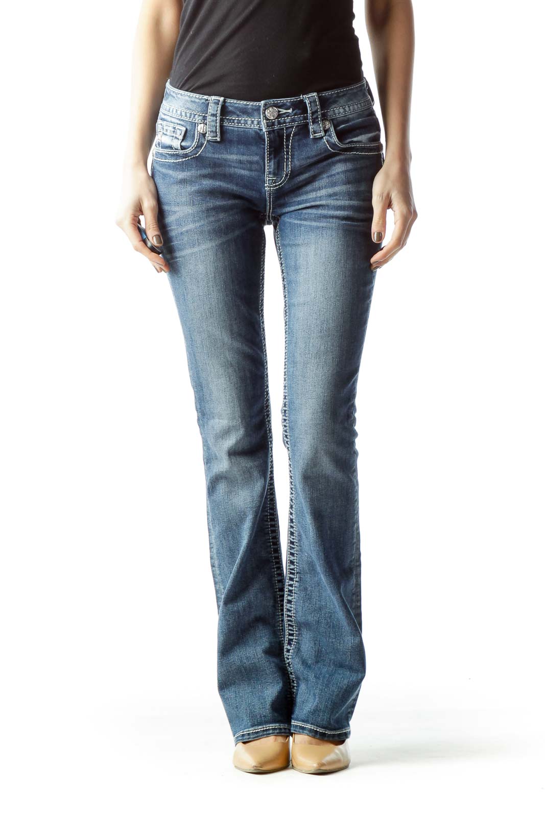Blue Medium Wash Stitched Denim Jeans Front