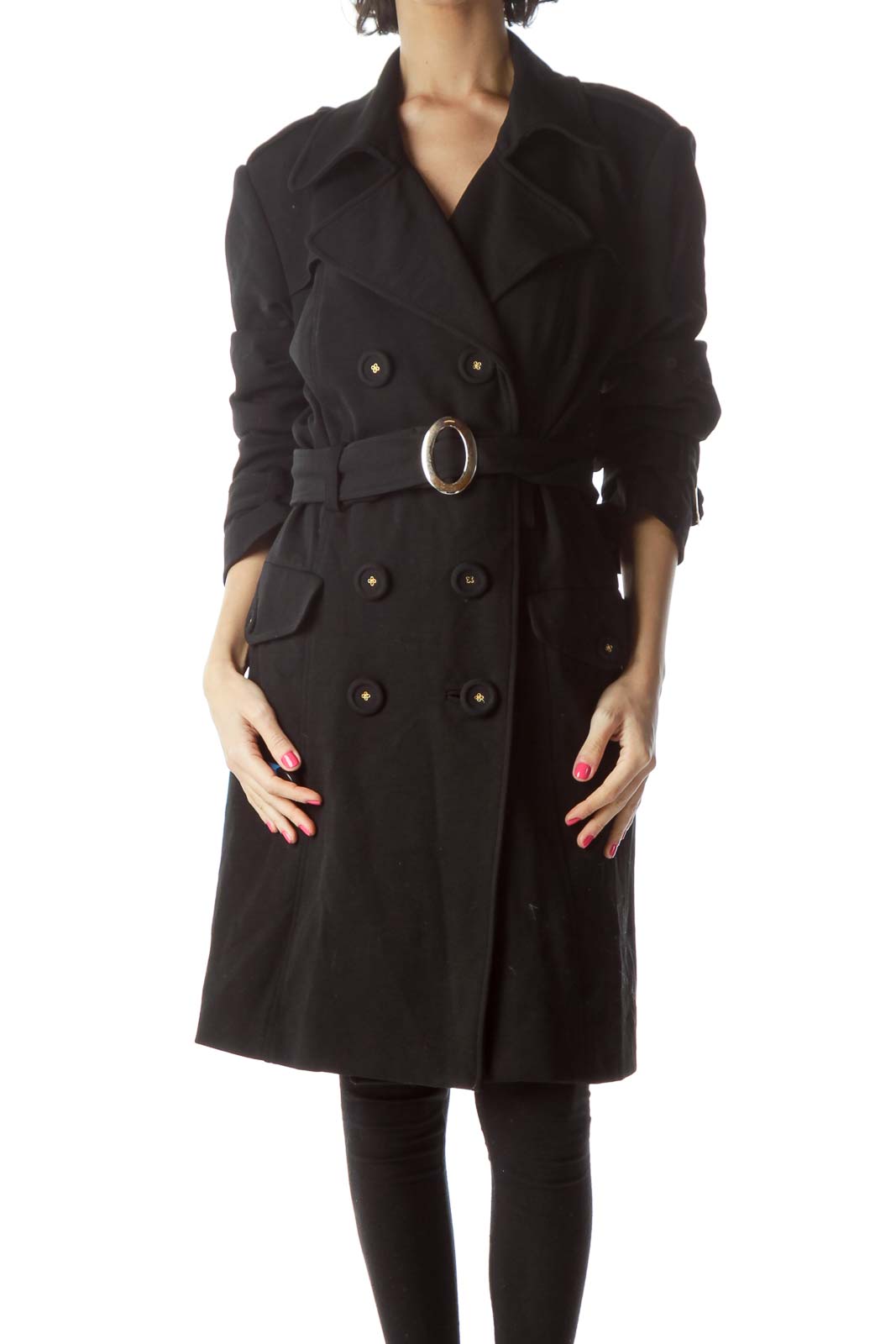 Black Double Breasted Long Coat Front