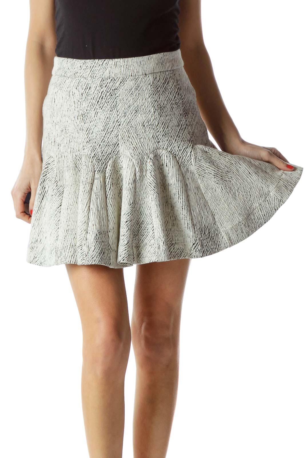 Black White Textured Flared Skirt Front