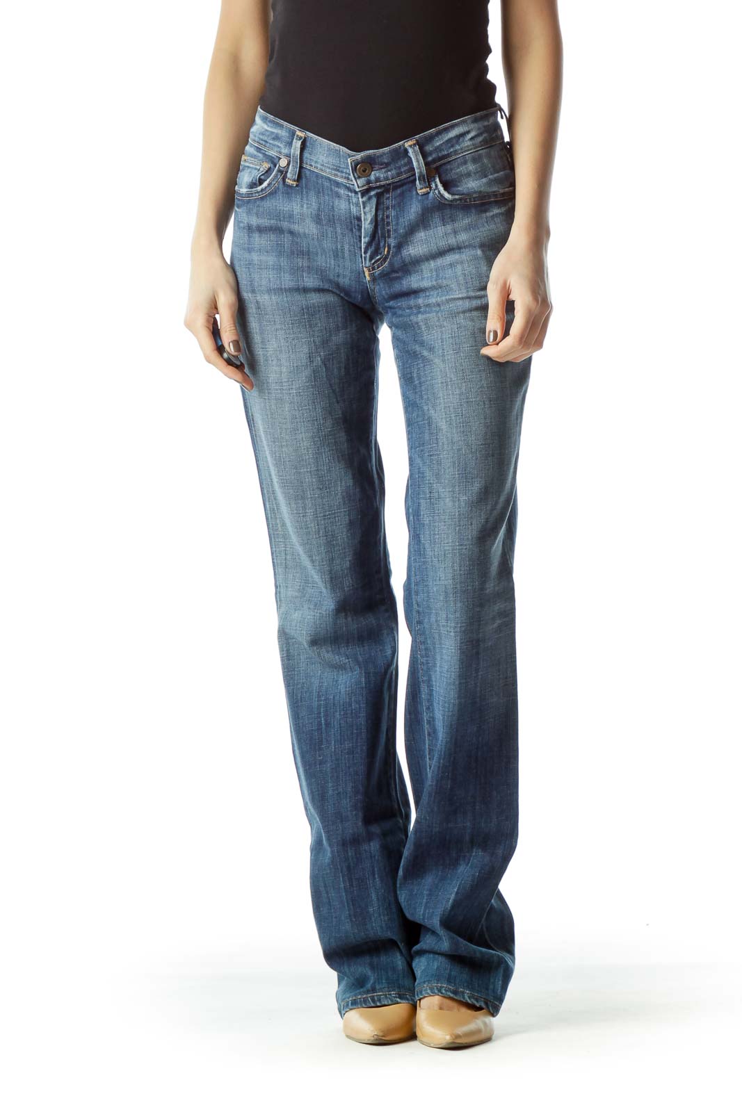 Blue Medium Wash Distressed Pockets Denim Jeans Front
