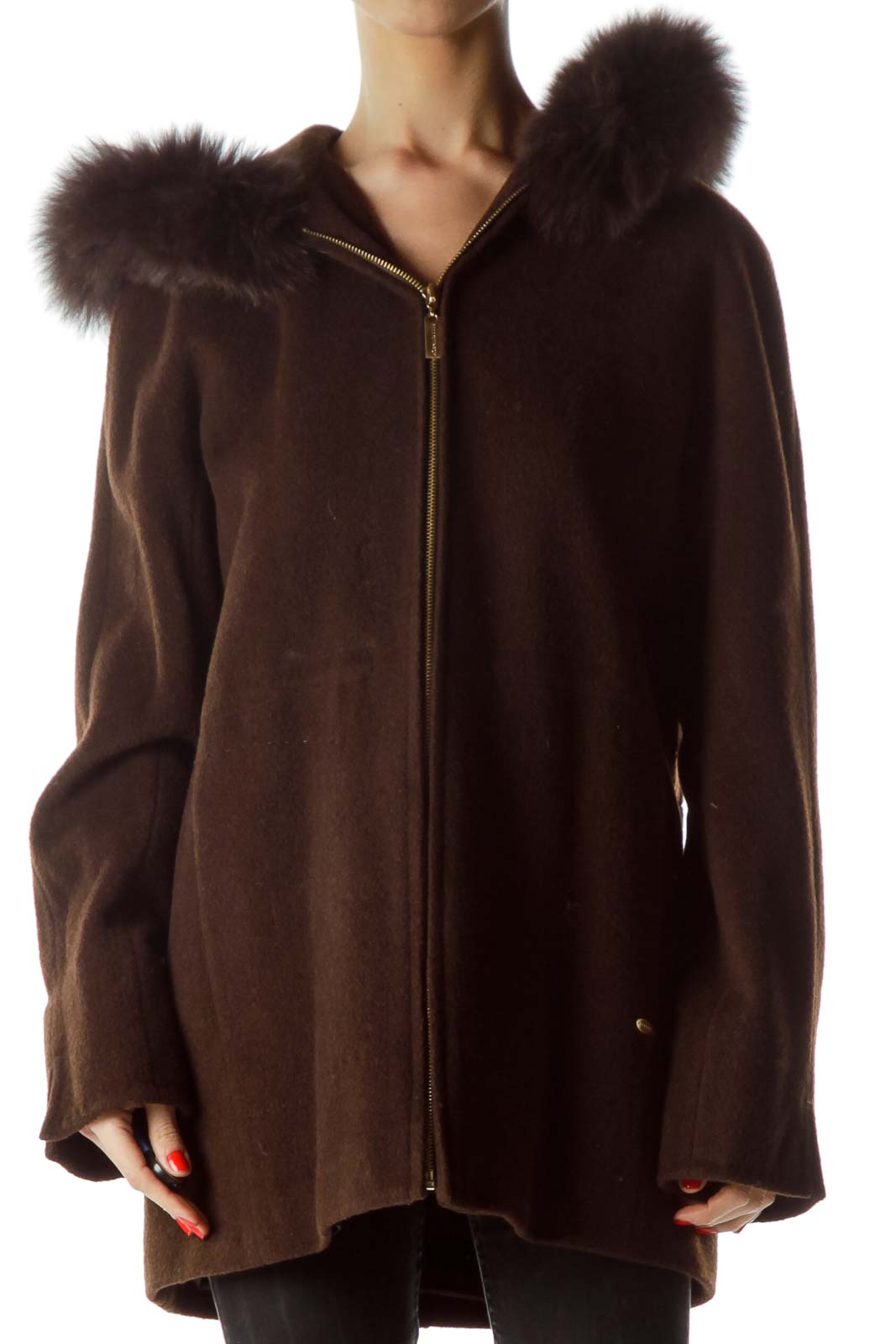 Brown Fur Hood Textured Zippered-Up Coat Front