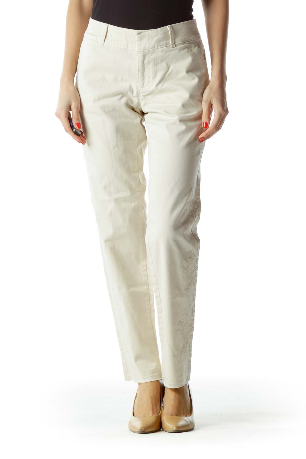 Cream Leg Embroidery Pants Front