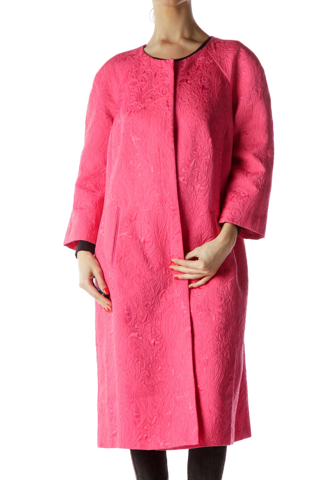 Pink Jacquard Paisley 3/4 Sleeve Long Coat Front