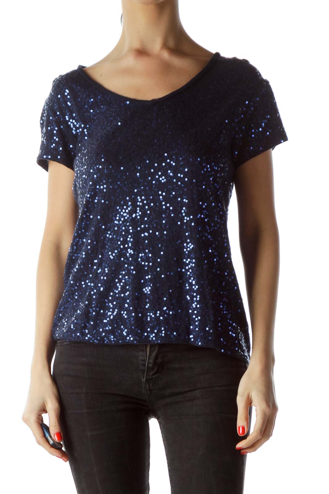 Blue Sequined Short Sleeve T-Shirt Front