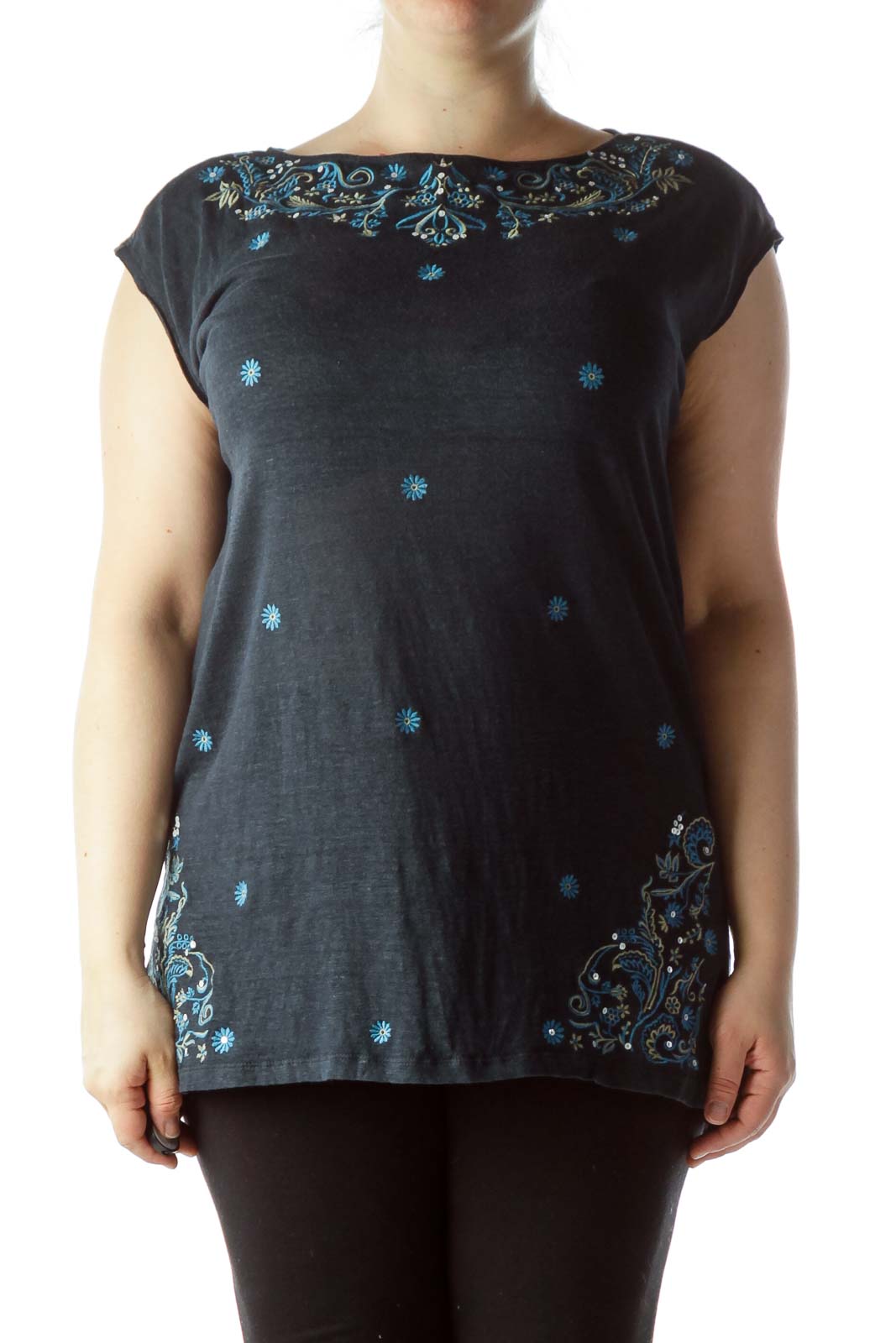 Blue Floral Embroidered 100% Linen Knit Top Front