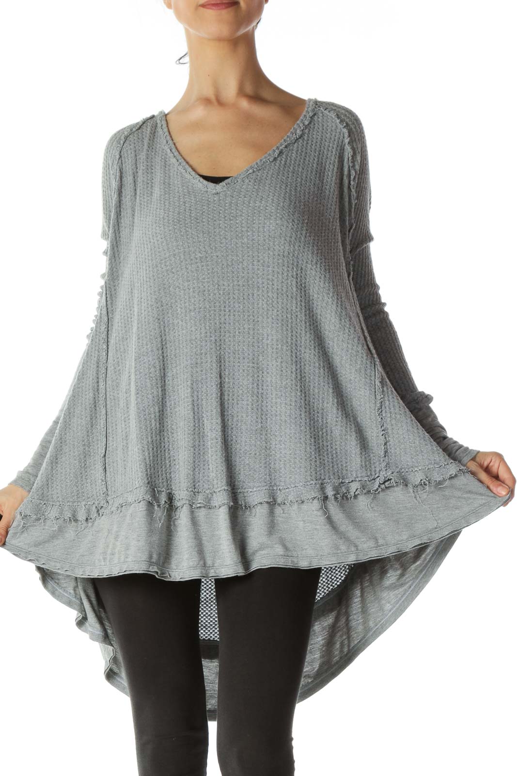 Gray Raw Trim Details Soft Textured Knit Top Front