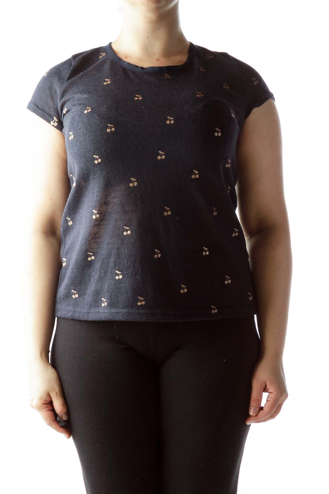 Navy Blue Gold Printed Cherries Short Sleeve Knit Top Front
