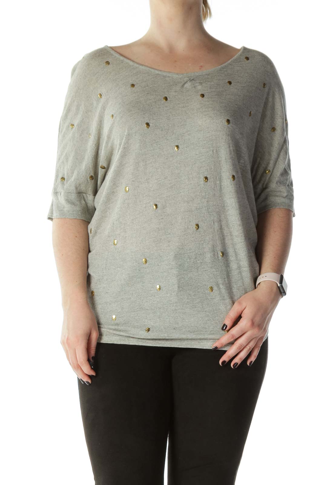 Beige Gold-Skull-Studs Knit T-Shirt Front